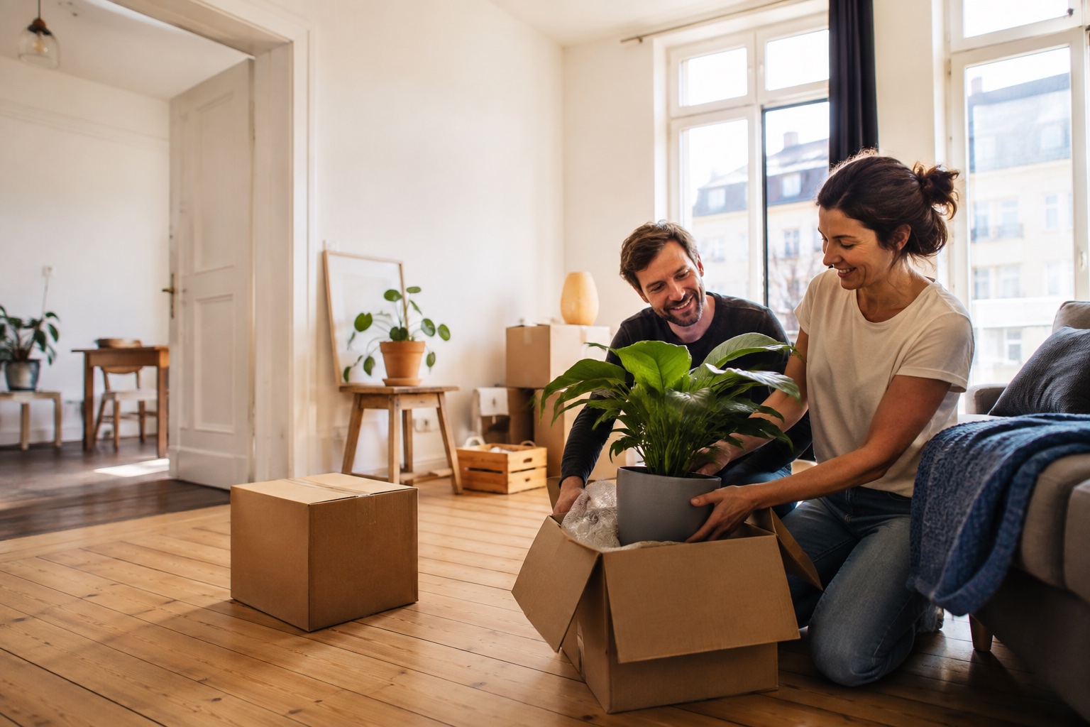 Ein Paar packt gemeinsam eine Pflanze in seiner neuen Wohnung aus – Symbolbild